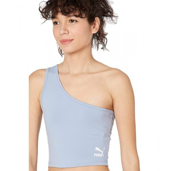 NWT PUMA WOMEN Classics Asymmetric Bandeau Crop Top in forever Blue Athleisure - Picture 6 of 14